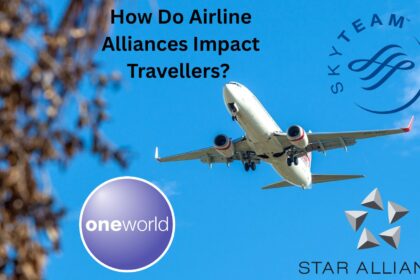 The logos of three airline alliances: Star alliance, SkyTeam, and Oneworld, superimposed on a picture of a plane flying upwards in front of a blue sky. There is a tree to the left of the image, and text saying “How Do Airline Alliances Impact Travellers?”