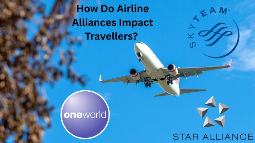 The logos of three airline alliances: Star alliance, SkyTeam, and Oneworld, superimposed on a picture of a plane flying upwards in front of a blue sky. There is a tree to the left of the image, and text saying “How Do Airline Alliances Impact Travellers?”