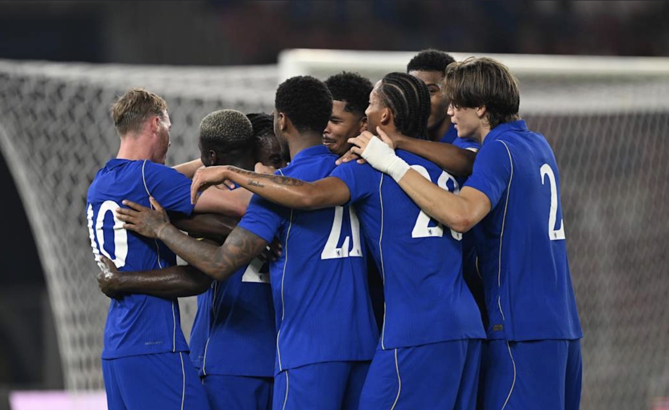 Chelsea celebrate 3-0 against AC Milan in Jakarta.