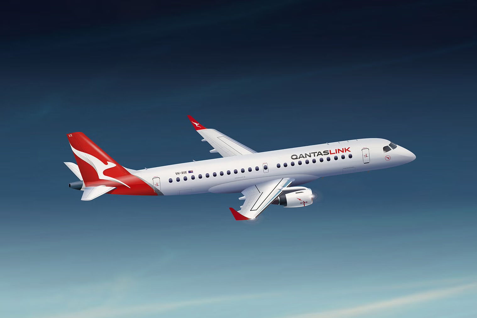 A QantasLink Airways Embraer E190 jet flies upwards in front of a dark blue sky.
