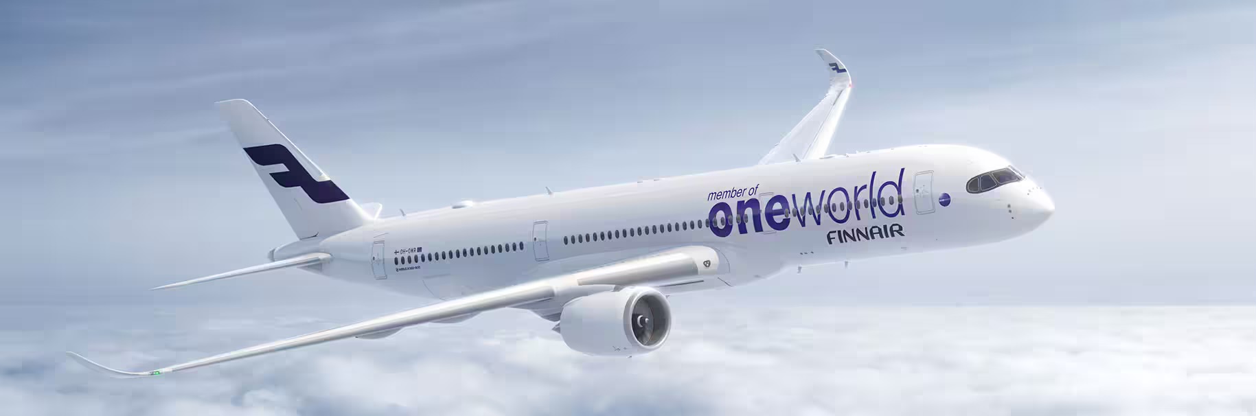 A white and purple Finnair jet with “Oneworld” painted on it flying in front of a layer of cloud.