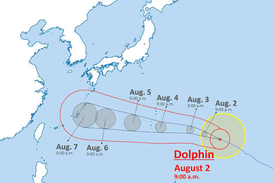 A diagram showing the early progress of Typhoon Dolphin westwards, towards Japan’s Okinawa Island, and China’s East Coast.