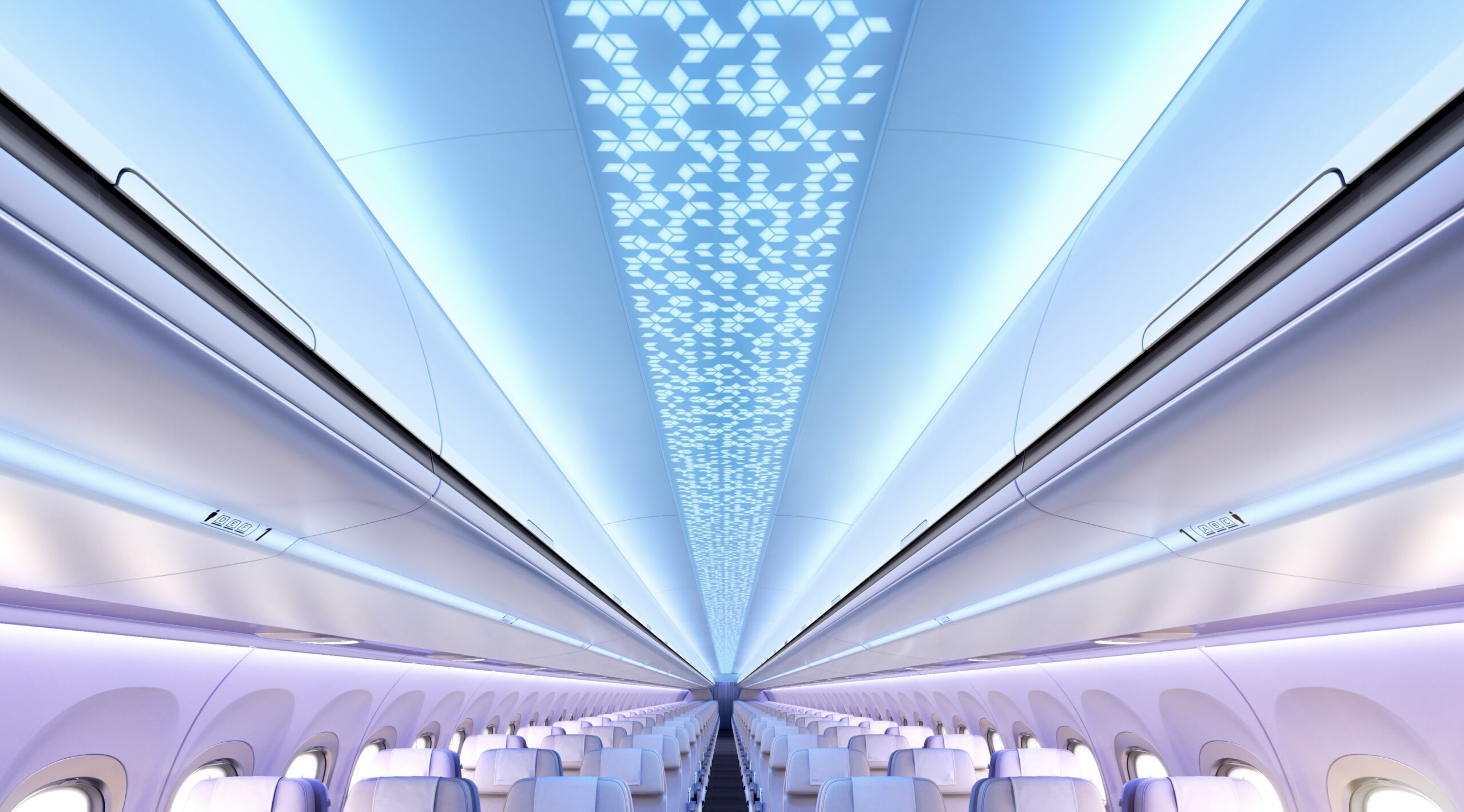 The interior of an Airbus A320neo, illuminated by a bright blue light. White seats are arranged in rows of six, three each side of a central isle.