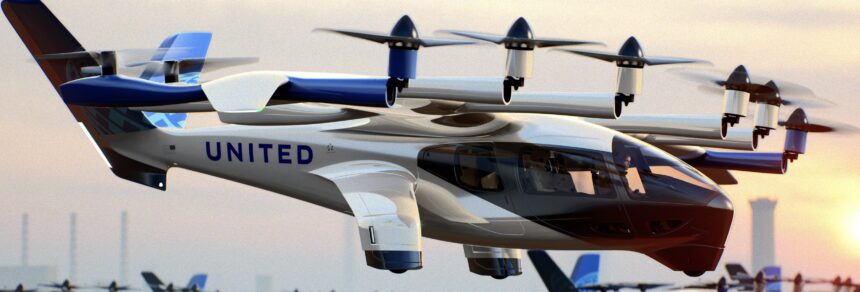 A blue and white Archer Midnight aircraft hovering above the ground in front of a sunset. It is painted in the livery of United Airlines.