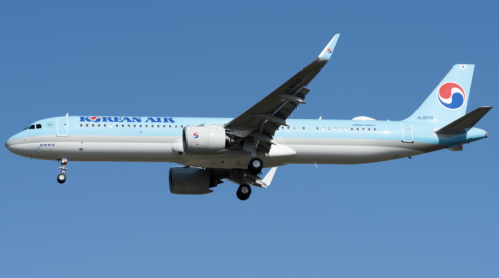 A blue and white Korean Air Airbus A321neo in front of a clear blue sky.