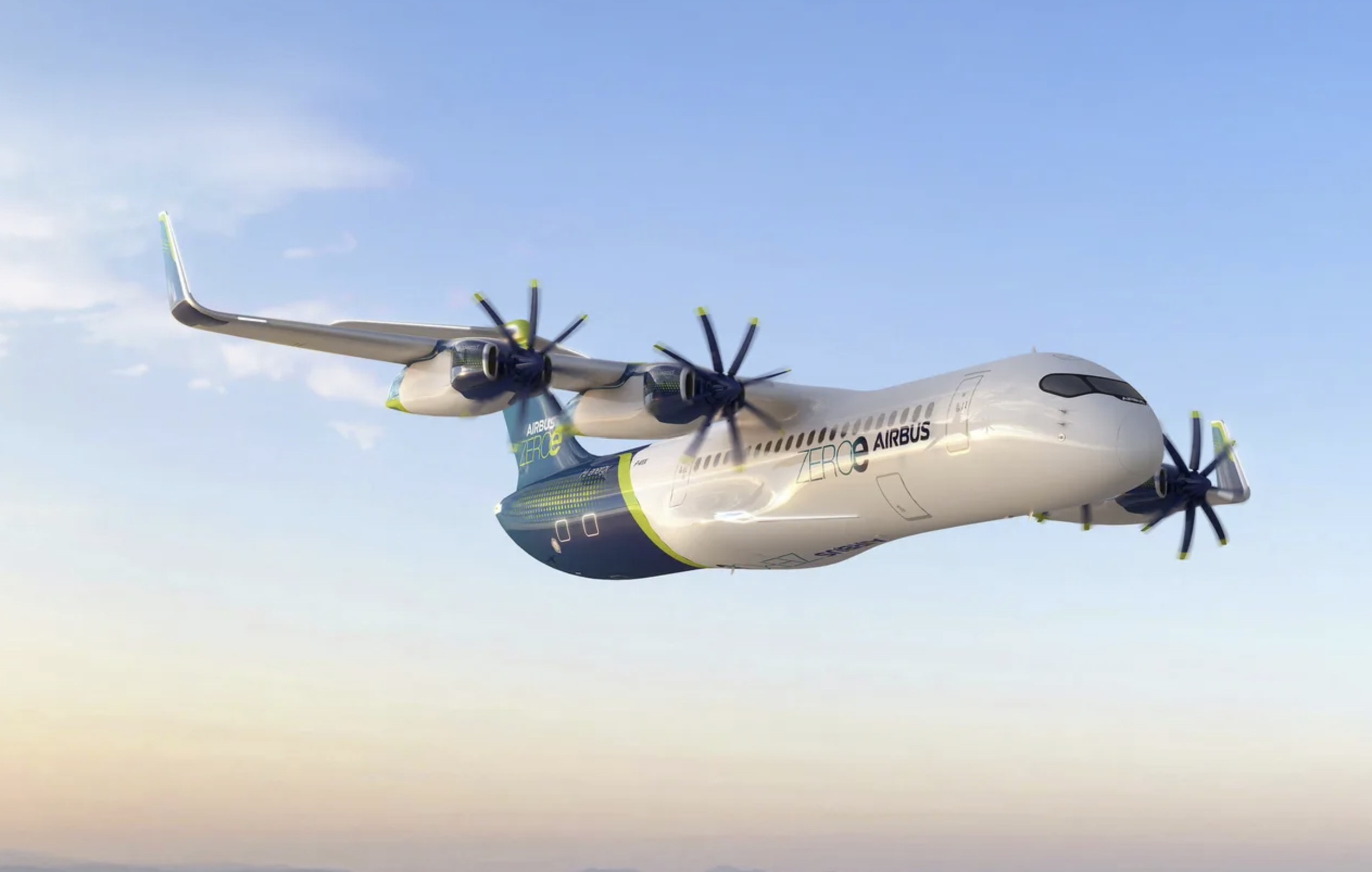 A concept for an Airbus hydrogen powered jet. The plane is white and green, and is shown in front of a clear blue sky.