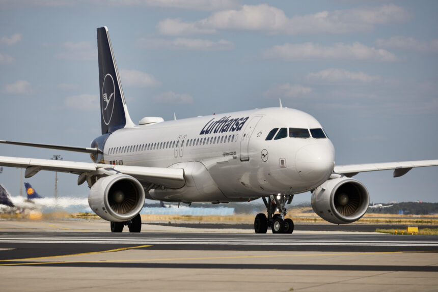 Photograph depicting the exterior of the Lufthansa Airbus A320 on the runway.