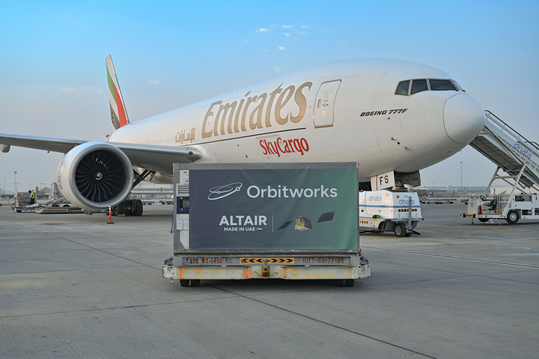 Photograph depicting Artificial Intelligence-enabled satellite (Altair-1) flown from Dubai to Los Angeles on board the Emirates SkyCargo Boeing 777 freighter.