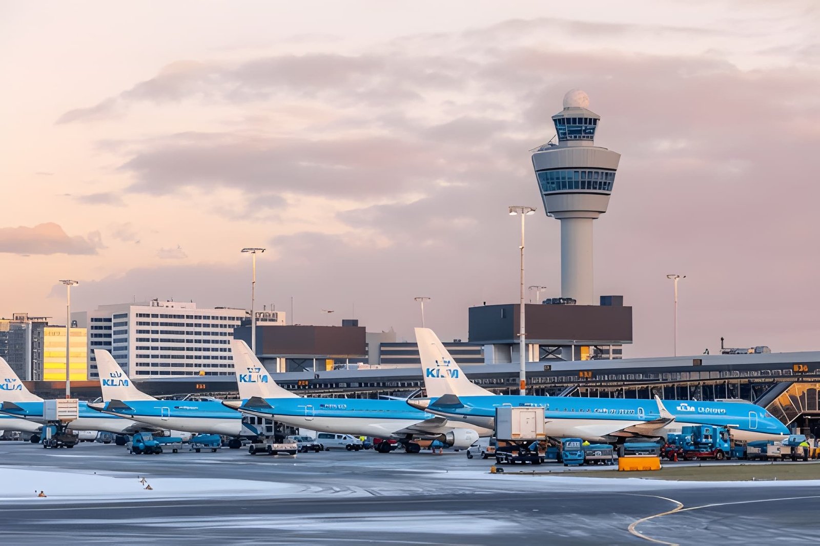 Row of KLM Boeing 787s parked at gates under Amsterdam Schiphol Airport's control tower at dusk, with ground handling vehicles working beneath the aircraft.