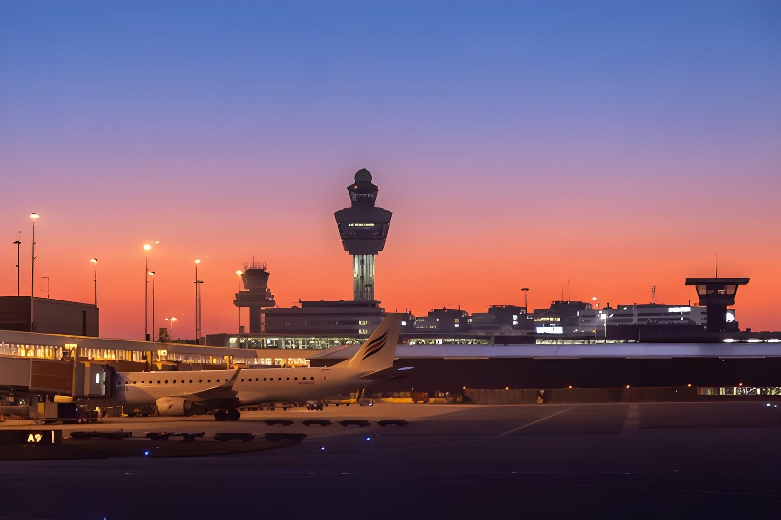 An aircraft parked at a jet bridge on the tarmac as the sun sets behind an airport control tower, sky shifting from orange to deep blue.