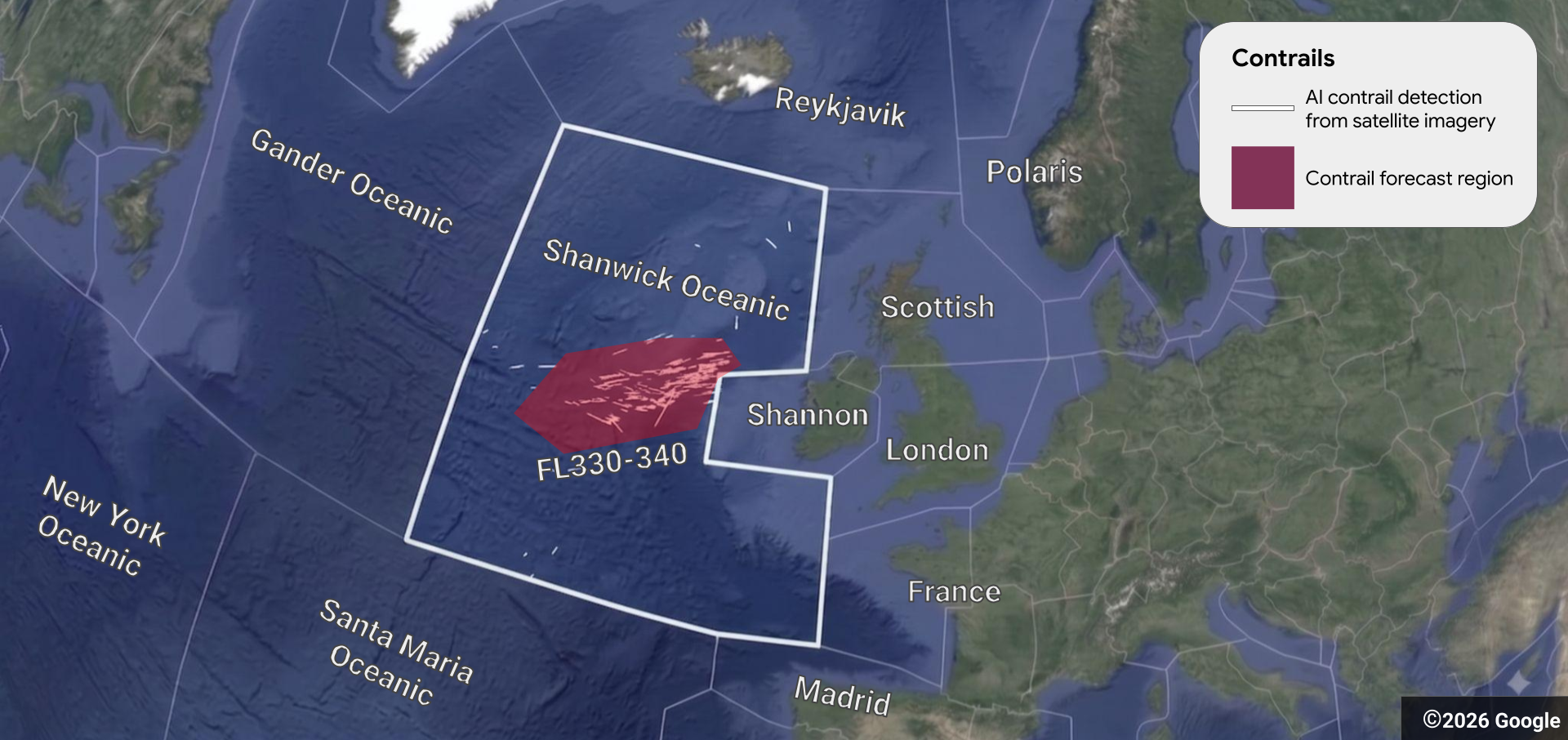 Image shows a satellite map of the Shanwick Oceanic region with a key showing where contrails form