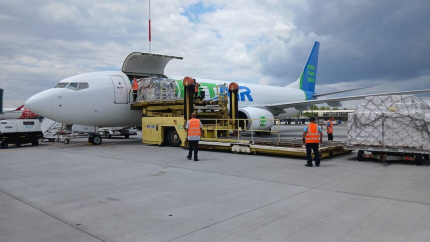 Two people helping loading the cargo inside a SolitAir aircraft.
