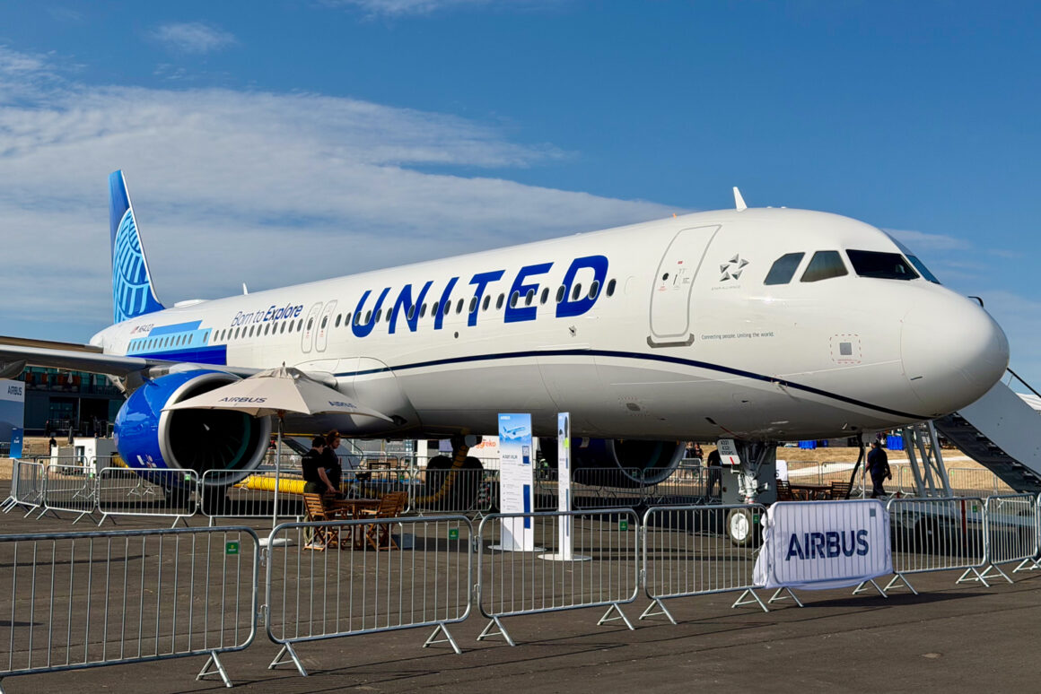 The new United Airbus A321XLR pictured at the Farnborough International Air Show.