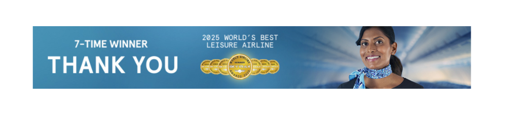 Image shows a blue banner image with white text '7-time winner, thank you' and seven gold medals next to an image of a smiling air stewardness 