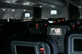 In-flight entertainment in a plane with lights off