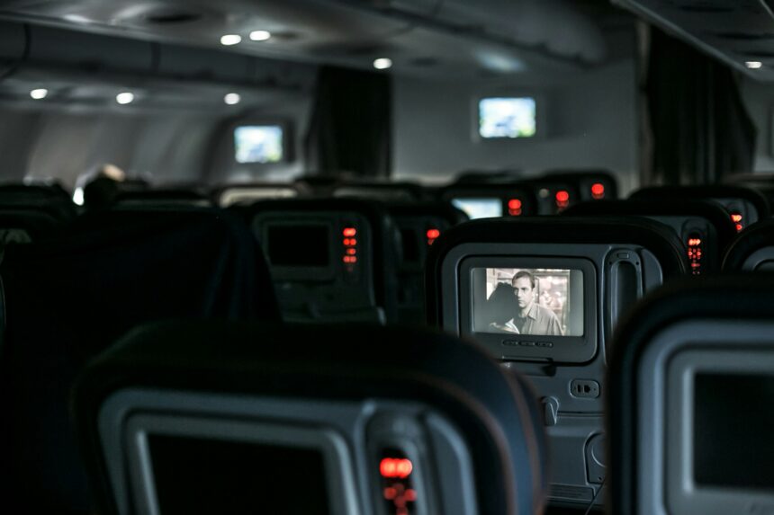 In-flight entertainment in a plane with lights off