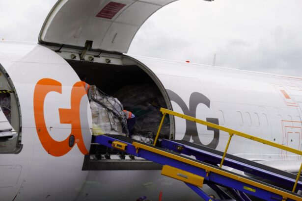 Close-up view of open cargo compartment door on a GOL airplane. Inside the hold, large pallets of wrapped cargo and boxes are visible.