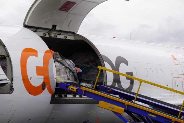 Close-up view of open cargo compartment door on a GOL airplane. Inside the hold, large pallets of wrapped cargo and boxes are visible.