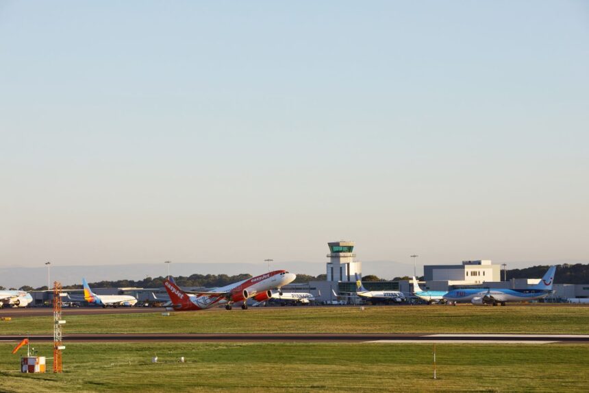 An image of Bristol Airport tarmac surrounded by green grass with various EasyJet planes seen on the runway and a clear bright blue sky backdrop.