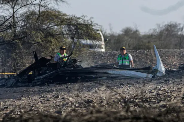 A picture taken from the crash site of the tourist plane flying over the Nazca Lines. A burnt part of the aircraft can be seen with two men stood behind it. A vehicle can be seen in the background.