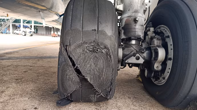 Blown tyre on aircraft.