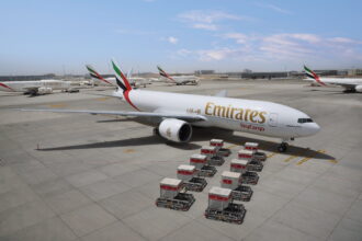 Photograph depicts the exterior of the 11th freighter added to Emirates SkyCargo's fleet.