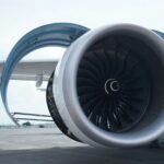 Large jet engine on an airport tarmac