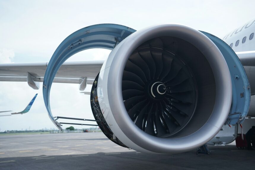Large jet engine on an airport tarmac