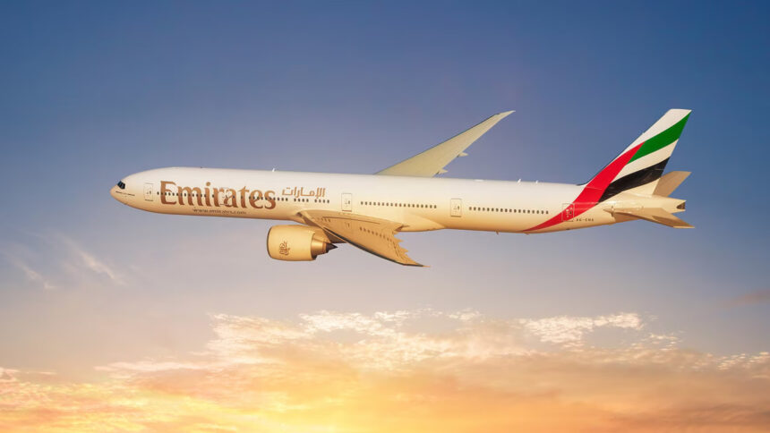 Photograph depicting Emirates Boeing 777 aircraft cruising at altitude above the clouds at sunset.
