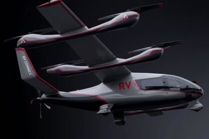 An image of an advanced air mobility aircraft with the company, RV Connex, logo on the tail and body.