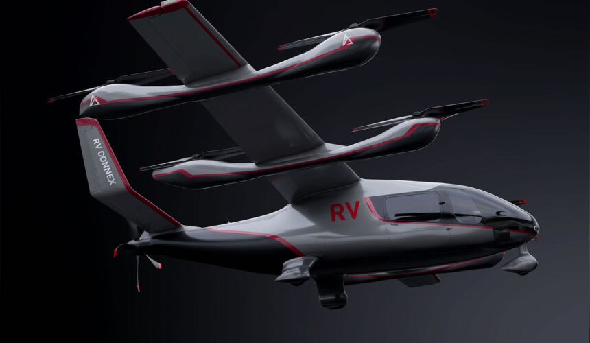 An image of an advanced air mobility aircraft with the company, RV Connex, logo on the tail and body.