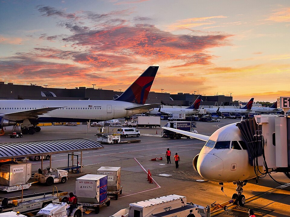 A photo of the grounds of Hartsfield-Jackson Atlanta International Airport. Two planes can be seen in the foreground of the photo with workers and vehicles attending to them. In the background there is a colourful evening sky and the exterior of the airport.