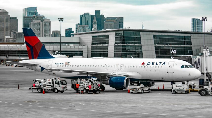 A Delta Air lines aircraft parked on tarmac with a cloudy but bright sky background and a terminal in the background.