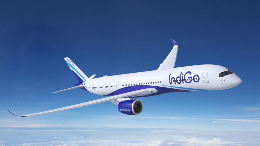 IndiGo Airbus A350 in flight above clouds, aircraft rendering