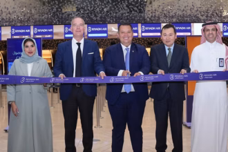 H.E. Osamah Dakhel Al-Ahmadi, Ambassador of the Custodian of the Two Holy Mosques to Malaysia; YBhg. Dato’ Seri Jana Muniayan, Secretary General of Malaysia’s Ministry of Transport; YBhg. Dato’ Mohd Ghani, Managing Director of Malaysia Airports; and Vincent Coste, Chief Commercial Officer of Riyadh Air, commemorating the launch of the new service at RUH airport