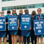 A row of WestJet flight attendants standing on a picket line with signs reading 'Our work matters, so do we!', 'Ready to strike.', and 'Frustrated with WestJet? So are we.'
