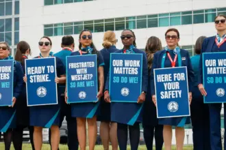 A row of WestJet flight attendants standing on a picket line with signs reading 'Our work matters, so do we!', 'Ready to strike.', and 'Frustrated with WestJet? So are we.'
