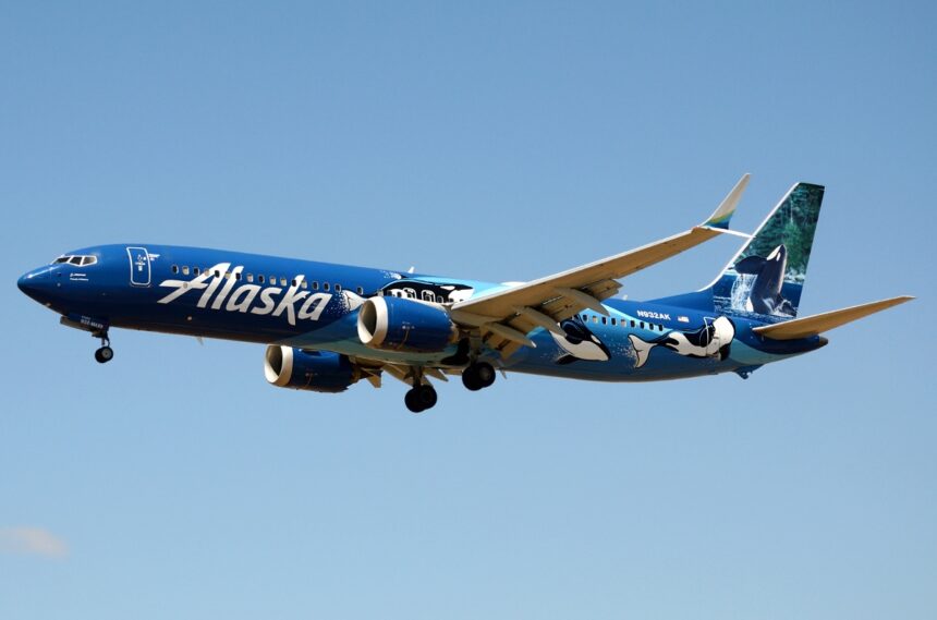 Alaska Airlines' Boeing 737-9 MAX in the air with its landing gear extended.