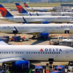 Delta Air Lines flights parked on taxiway