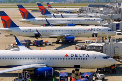 Delta Air Lines flights parked on taxiway