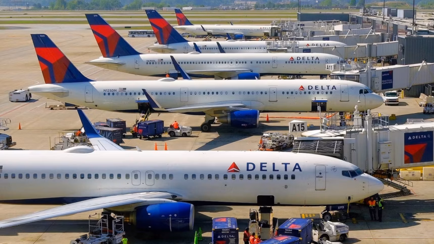 Delta Air Lines flights parked on taxiway