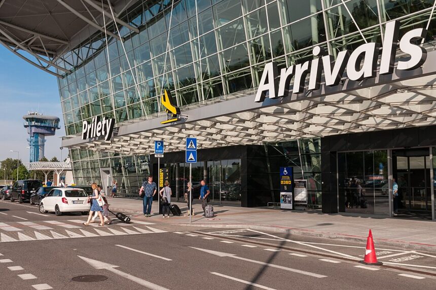 Image shows the outside of M. R. Štefánik Airport, Bratislava, Slovakia