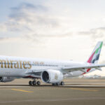 Photograph depicting the exterior of the Emirates Airbus A350 on the runway.