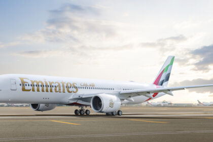 Photograph depicting the exterior of the Emirates Airbus A350 on the runway.