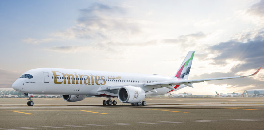 Photograph depicting the exterior of the Emirates Airbus A350 on the runway.