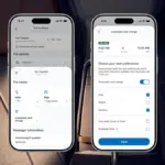 Photo of the American Airlines app with two phones indicating what the features look like