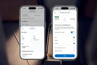Photo of the American Airlines app with two phones indicating what the features look like