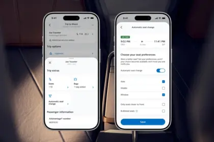 Photo of the American Airlines app with two phones indicating what the features look like