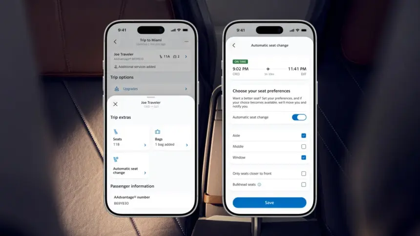 Photo of the American Airlines app with two phones indicating what the features look like