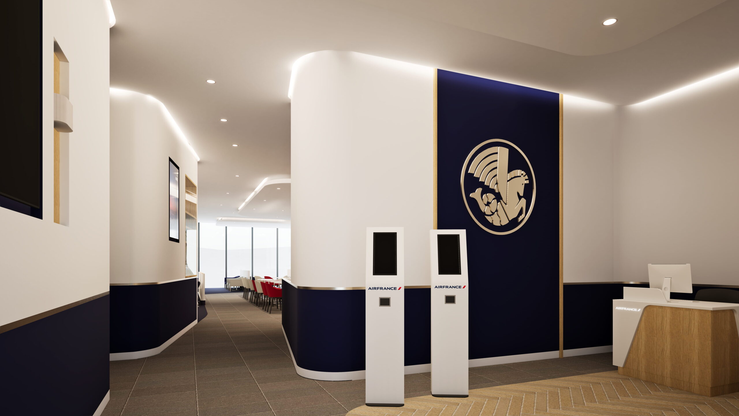 Photograph depicting the Air France lounge check-in area and desk located on entrance to the lounge at Frankfurt International Airport (FRA).